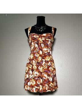 Y2K Orange Boho Floral Mini Dress Retro Summer Babydoll Cami